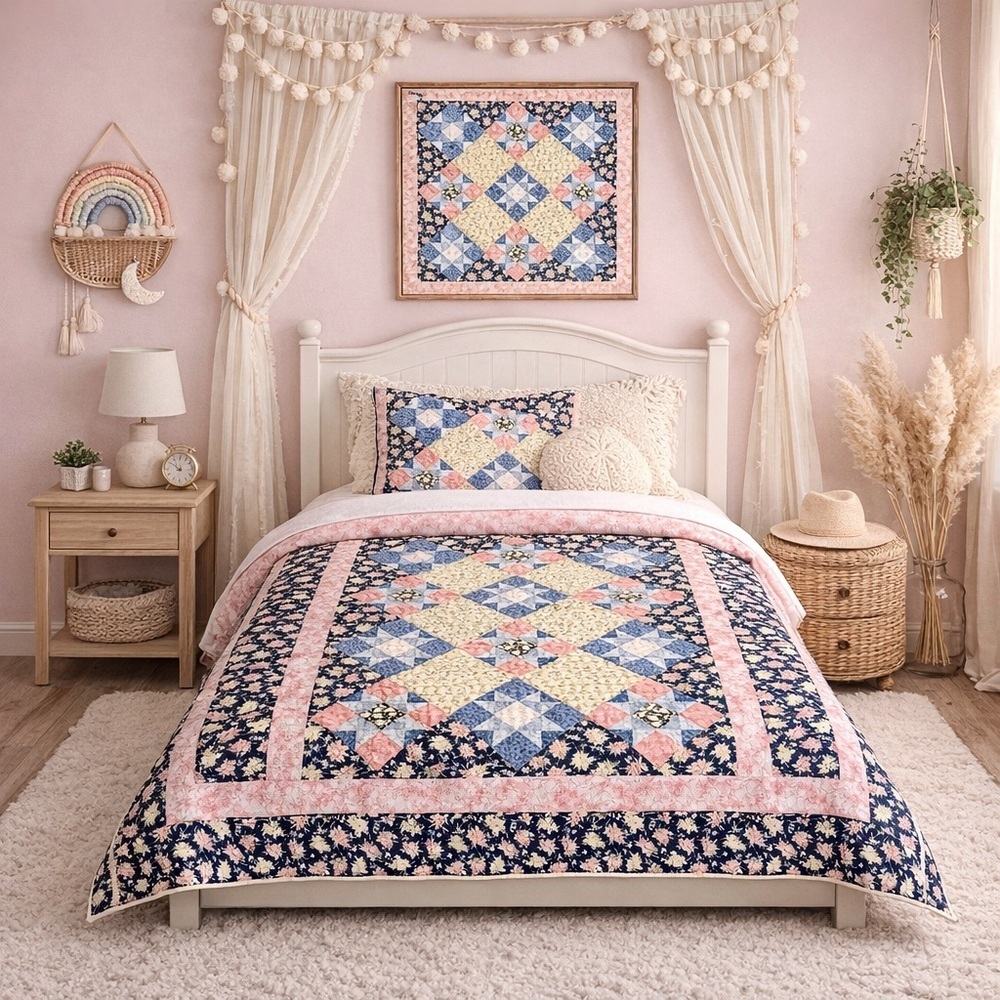 Artisan star Floral Patchwork Quilt w shabby chic farmhouse cottage vibe